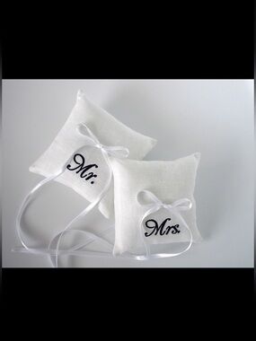 Mr. & Mrs. Embroidered Ring Bearer Pillows - White
